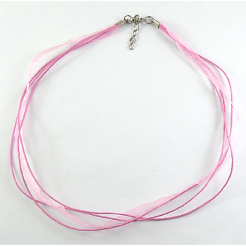 Jewelry Making Necklace Cord, Organza Ribbon & Waxed Cotton Cord & Platinum Plated Iron Clasp, Pearl Pink, 16.9 inch(43cm), 6mm