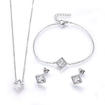 304 Stainless Steel Jewelry Sets, Pendant Necklaces & Stud Earrings & Bracelets, with Cubic Zirconia, Rhombus, Stainless Steel Color, 16.93 inch(43cm), 7-1/8 inch(18cm), 12x12x4mm, Pin: 0.8mm