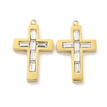 Vacuum Plating 304 Stainless Steel Cubic Zirconia Pendants, Cross Charms, Real 18K Gold Plated, 24.8x15x3mm, Hole: 1.2mm