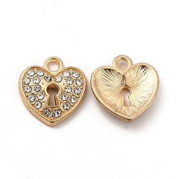 Alloy Crystal Rhinestone Pendants, Heart Lock Charm, Light Gold, 17.5x15x2.5mm, Hole: 2mm