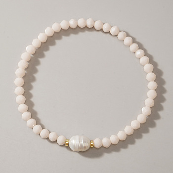 Faceted Rondelle Glass Beaded Stretch Bracelets for Women, with Imitation Pearl, White