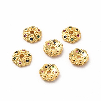 Brass Bead Caps, with Rhinestones, 6-Petal, Flower, Real 18K Gold Plated, 8x2mm, Hole: 1.5mm