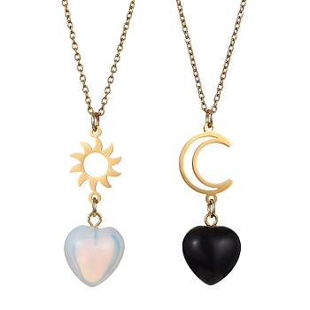 2Pcs 2 Style Opalite & Natural Obsidian Heart Pendant Necklaces Set, Sun & Moon 304 Stainless Steel Necklaces, Golden, 17.72~17.91 inch(45~45.5cm), 1Pc/style
