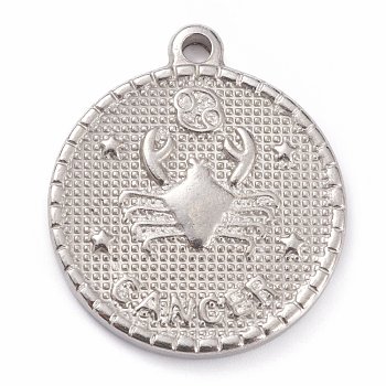 304 Stainless Steel Pendants, Flat Round with Constellation, Cancer, 29x26x3mm, Hole: 2mm