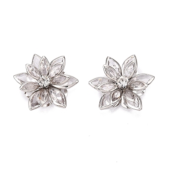 Acrylic Rhinestone Flower Flat Back Cabochons, with Brass Findings, Platinum, Clear, 24x7mm