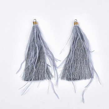 Nylon Tassel Big Pendant Decorations, with Ostrich Feather, Metallic Cords and Alloy Findings, Gray, 120~127x7~8mm, Hole: 5mm