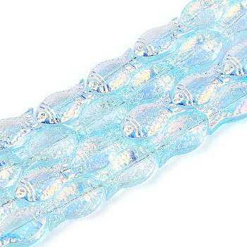 Transparency Electroplate Glass Beads Strands, Fish, AB Color Plated, Half Plated, Sky Blue, 15x8.1x5mm, Hole: 0.9~1mm, about 55pcs/strand, 25.59''(65cm)