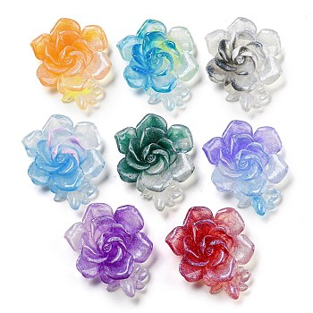 Luminous Transparent Epoxy Resin Decoden Cabochons, Glow in the Dark Flower with Glitter Powder, Mixed Color, 45.5x40x14mm