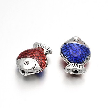 Fish Alloy Enamel Beads, Antique Silver, Red & Blue, 10.5x14x6mm, Hole: 1mm