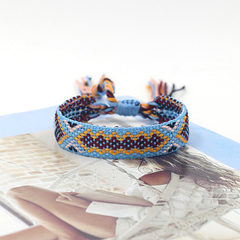 Polyester Braided Rhombus Pattern Cord Bracelet, Ethnic Tribal Adjustable Brazilian Bracelet for Women, Sky Blue, 5-7/8 inch(15cm)
