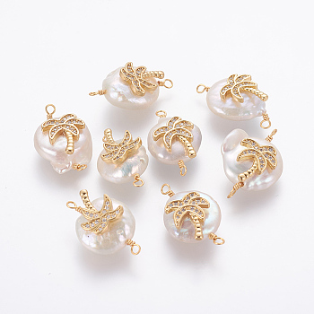 Natural Pearl Links connectors, with Brass Micro Pave Cubic Zirconia Findings, Nuggets with Coconut Tree, Golden, Clear, 21~27x13~16x6~8mm, Hole: 1.6mm