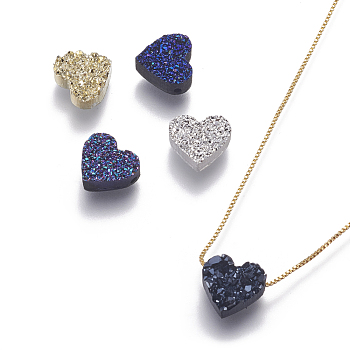 Brass Pendant Necklaces, with Druzy Resin and Box Chains, Heart, Golden, Mixed Color, 17.71 inch(45cm), Pendant: 8.5x9.5x3.5mm