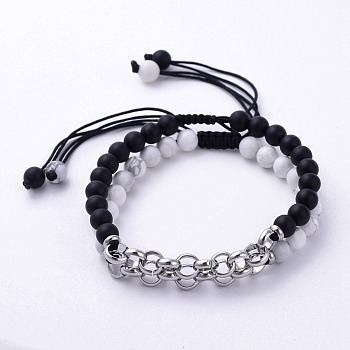 Natural Howlite and Black Agate Braided Bead Bracelets, with 304 Stainless Steel Rolo Chains and Nylon Thread, White & Black, 1-7/8 inch~3-3/8 inch(4.9~8.5cm), 2pcs/set