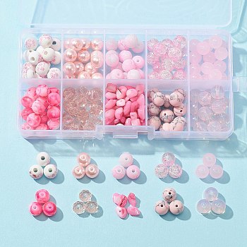 DIY Beads Jewelry Making Finding Kit, Including 200Pcs 10 Style Glass & Dyed Synthetic Turquoise Round & Natural Shell Chips & Printed Porcelain Beads, Pink, 4~9x4~9x1~9mm, Hole: 1~2mm, 20Pcs/style