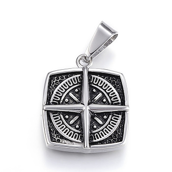 304 Stainless Steel Pendants, Square, Antique Silver, 25x21x4mm, Hole: 5x9mm