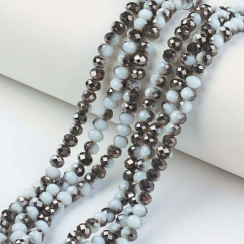 Electroplate Opaque Glass Beads Strands, Half Black Plated, Faceted, Rondelle, Pale Turquoise, 4x3mm, Hole: 0.4mm, about 123~127pcs/strand, 16.5~16.9 inch(42~43cm)