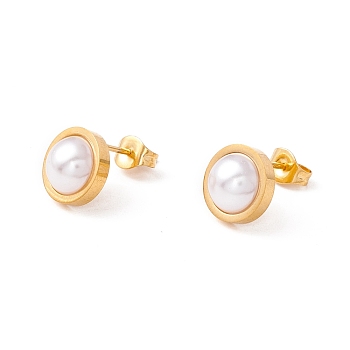 6 Pair Shell Pearl Half Round Stud Earrings, 304 Stainless Steel Post Earrings for Women, White, Golden, 10mm, Pin: 1mm