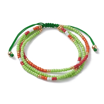 Adjustable Glass Seed Beaded Triple Layer Multi-strand Bracelet, Nylon Cord Braided Bead Bracelets, Lime Green, Inner Diameter: 2-3/8~3-1/2 inch(5.9~8.9cm)