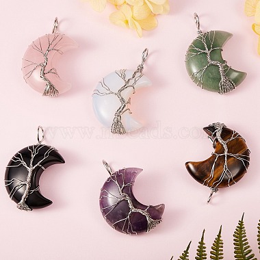 6Pcs 6 Style Natural & Synthetic Gemstone Tree of Life Wire Wrapped Pendants(G-SZ0001-66)-3