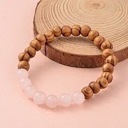 Round Wood Beaded Stretch Bracelets, with Natural Rose Quartz Beads, 61mm(BJEW-JB02135-01)