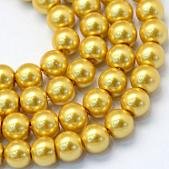 Baking Painted Pearlized Glass Pearl Round Bead Strands, Gold, 6~7mm, Hole: 1mm, about 145pcs/strand, 31.4 inch(X-HY-Q003-6mm-31)