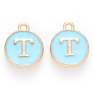 Golden Plated Alloy Enamel Charms, Cadmium Free & Lead Free, Enamelled Sequins, Flat Round, Sky Blue, Letter.T, 14x12x2mm, Hole: 1.5mm(ENAM-S118-04T)