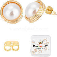 10Pcs Brass Stud Earring Findings, with ABS Plastic Imitation Pearl & Vertical Loops, Half Round, with 10Pcs Friction Ear Nuts, Real 18K Gold Plated, 12.5x12mm, Hole: 0.8mm, Pin: 0.8mm(KK-BBC0011-38)