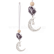Moon 201 Stainless Steel Pendant Decorations, Wood Beads and Natural Amethyst Nuggets Beads Nylon Thread Hanging Ornament, 165~171mm(HJEW-JM00958-04)