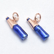 Brass Pendants, with Enamel, Cadmium Free & Nickel Free & Lead Free, Long-Lasting Plated, Bottle, Blue, Real Rose Gold Plated, 17x4.5mm, Hole: 3mm(KK-J279-29RG-NR)