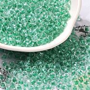 Transparent Glass Round Seed Beads, Inside Colours, Round, Medium Spring Green, 6/0, 4x3mm, Hole: 1.2mm, about 7258pcs/pound(SEED-B001-05A-11)