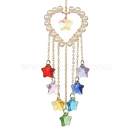 Wire Wrapped Natural Pearl Pendant Decorations, Glass Star Charms and Brass Findings Suncatcher Window Hanging Ornament, Heart, 183mm, Hole: 10mm(HJEW-JM01256-03)