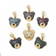 Rack Plating Brass Micro Pave Cubic Zirconia Pendants, Cadmium Free & Lead Free, Real 18K Gold Plated, Long-Lasting Plated, Bear Head Charm, Mixed Color, 18x19.5x7mm, Hole: 4x8mm(KK-G456-22G)