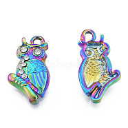 304 Stainless Steel Pendants, with Crystal Rhinestone, Owl, Rainbow Color, 20x11x3mm, Hole: 1.6mm(STAS-N098-152M)