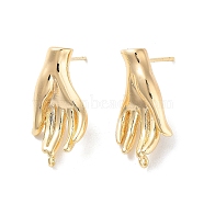 Brass Stud Earring Findings, Palm, Real 18K Gold Plated, 23.5x12mm, Hole: 1.2mm, Pin: 0.8mm(KK-E107-10G)