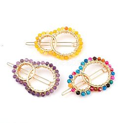 Alloy Hollow Geometric Natural Gemstone Beads Hair Barrettes, Ponytail Holder Statement, with Hair Accessories for Women, Interlink Rings Shape, 64mm, Rings: 54x40x4mm, Beads: 4~4.5mm(PHAR-JH00059)