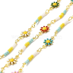 Handmade Brass Enamel Flower Link Chains, with Glass Beads, Long-Lasting Plated, Soldered, with Spool, Colorful, Link: 22x3x2mm, 13x7.5x2mm(CHC-D032-07G)