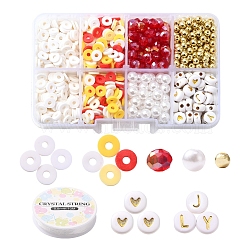 DIY Letter & Imitation Pearl & Heishi Beads Bracelet Making Kit, Including Disc Polymer Clay & Electroplate Glass & ABS Plastic Imitation Pearl & Plating Acrylic Beads, Elastic Thread, Red, Beads: 1132pcs/set(DIY-YW0005-23E)