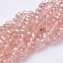 Electroplate Glass Beads Strands, AB Color Plated, Faceted, Rondelle, Pink, 6x4mm, Hole: 1mm, about 85~88pcs/strand, 16.1~16.5 inch(41~42cm)(X-EGLA-D020-6x4mm-69)