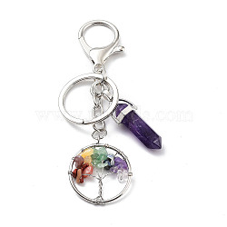 Natural Amethyst Keychain, with Platinum Plated Iron Split Key Rings, Tree of Life with Bullet, 10.2cm(KEYC-M022-03A)