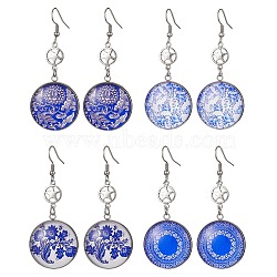 Blue Glass Flat Round & Alloy Star Dangle Earrings, with 304 Stainless Steel Earring Pins, Mixed Shapes, 64.5x26mm(EJEW-JE05402)