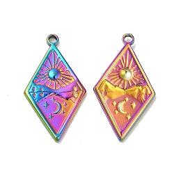 Ion Plating(IP) 304 Stainless Steel Pendants, Rhombus with Sun & Star Charm, Rainbow Color, 25.5x14x2mm, Hole: 1.6mm(STAS-L020-038RC)