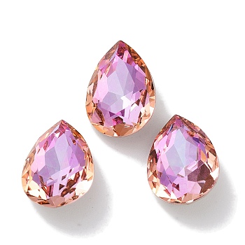 Glass Rhinestone Cabochons, Point Back & Back Plated, Faceted, Teardrop, Fuchsia, 14x10x5.5mm