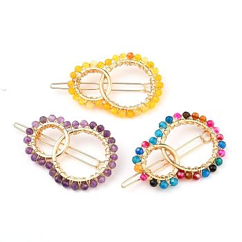 Alloy Hollow Geometric Natural Gemstone Beads Hair Barrettes, Ponytail Holder Statement, with Hair Accessories for Women, Interlink Rings Shape, 64mm, Rings: 54x40x4mm, Beads: 4~4.5mm