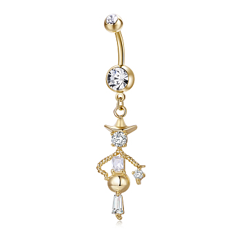 Piercing Jewelry, Brass Cubic Zirciona Navel Ring, Belly Rings, with 304 Stainless Steel Bar, Lead Free & Cadmium Free, Scarecrow, Golden, 55mm, Pendant: 23x13mm, Bar: 15 Gauge(1.5mm), Bar Length: 3/8"(10mm)