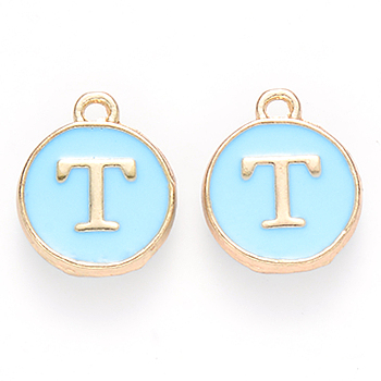 Golden Plated Alloy Enamel Charms, Cadmium Free & Lead Free, Enamelled Sequins, Flat Round, Sky Blue, Letter.T, 14x12x2mm, Hole: 1.5mm