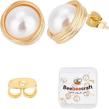 10Pcs Brass Stud Earring Findings, with ABS Plastic Imitation Pearl & Vertical Loops, Half Round, with 10Pcs Friction Ear Nuts, Real 18K Gold Plated, 12.5x12mm, Hole: 0.8mm, Pin: 0.8mm