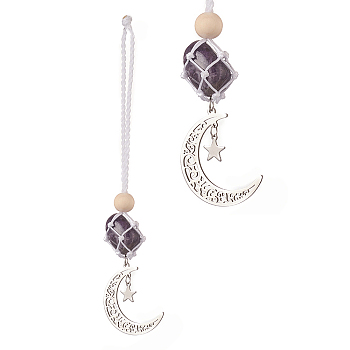 Moon 201 Stainless Steel Pendant Decorations, Wood Beads and Natural Amethyst Nuggets Beads Nylon Thread Hanging Ornament, 165~171mm