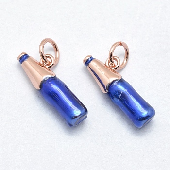 Brass Pendants, with Enamel, Cadmium Free & Nickel Free & Lead Free, Long-Lasting Plated, Bottle, Blue, Real Rose Gold Plated, 17x4.5mm, Hole: 3mm