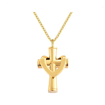 Stainless Steel Cross Cremation Urn Pendant Necklaces, Perfume Bottle Pendant Necklaces, Golden, 19.69 inch(50cm), Cross: 39x22mm
