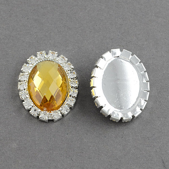 Shining Flat Back Faceted Oval Acrylic Rhinestone Cabochons, with Grade A Crystal Rhinestones and Brass Cabochon Settings, Silver Color Plated Metal Color, Goldenrod, 25x20x5mm